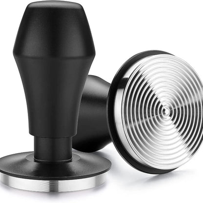 Close-up of 53mm threaded ripple espresso tamper base, even coffee distribution, professional tamping. (For social platforms: #CoffeeTamp #PrecisionTools #EspressoQuality #BaristaSecrets #CoffeeLover)