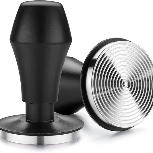 Close-up of 53mm threaded ripple espresso tamper base, even coffee distribution, professional tamping. (For social platforms: #CoffeeTamp #PrecisionTools #EspressoQuality #BaristaSecrets #CoffeeLover)