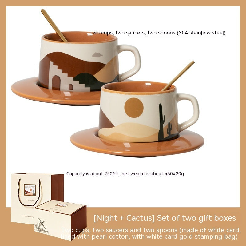 Two ceramic cups with saucers and spoons on a beige background, with packaging shown below.