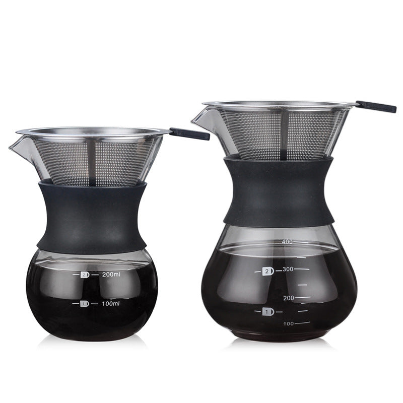  Two pour-over coffee makers, one 200ml and one 400ml, with reusable metal filters.