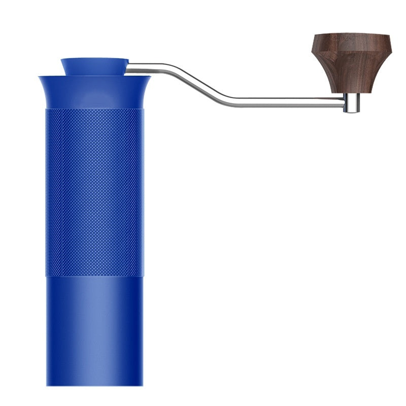 obalt blue manual coffee grinder with wooden handle, modern design.