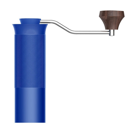 obalt blue manual coffee grinder with wooden handle, modern design.