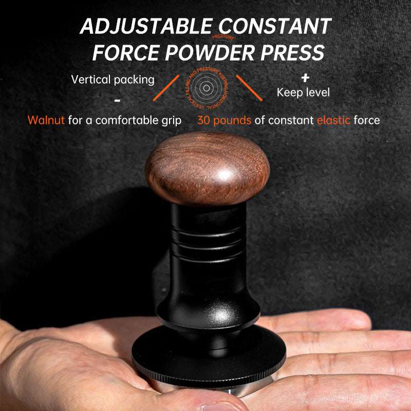 Walnut Handle Adjustable Coffee Tampers front view, 51mm, black and silver, for perfect espresso tamping.