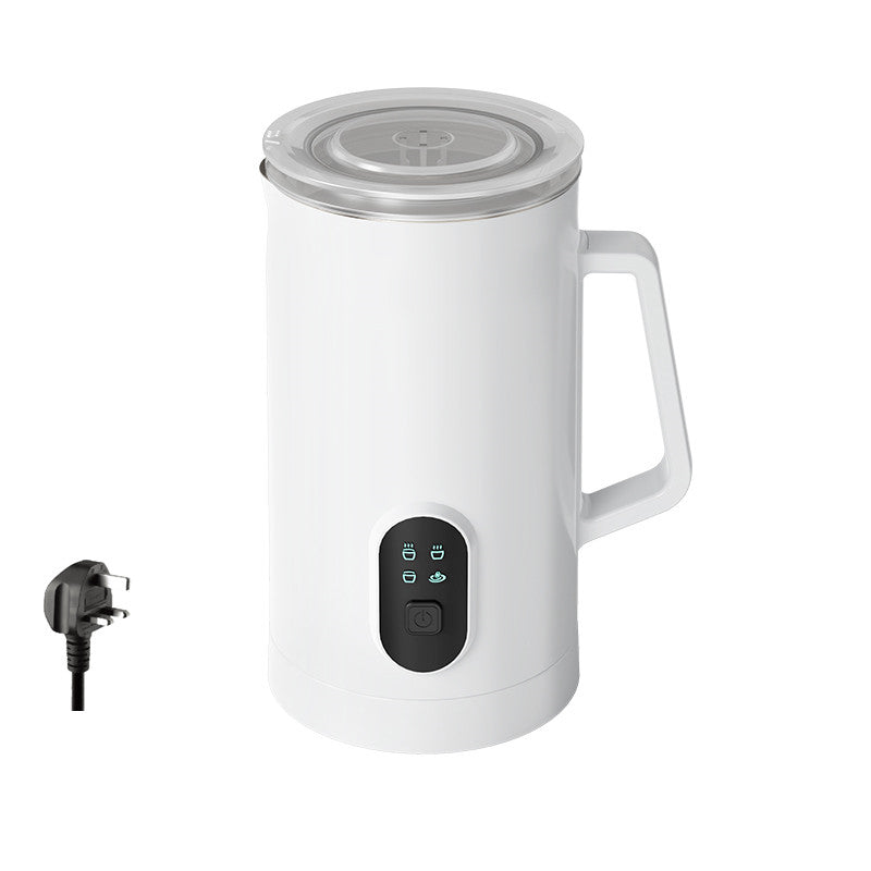 White automatic milk frother with cappuccino and latte, perfect for home use. Shipping free