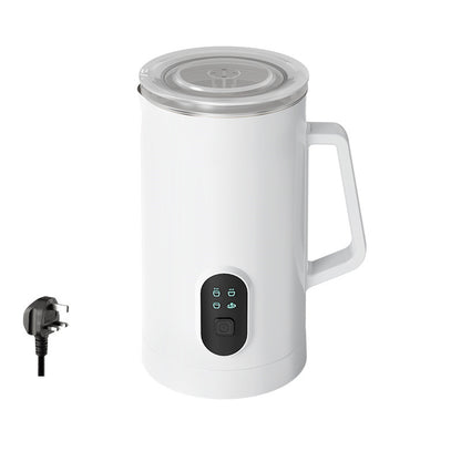 White automatic milk frother with cappuccino and latte, perfect for home use. Shipping free