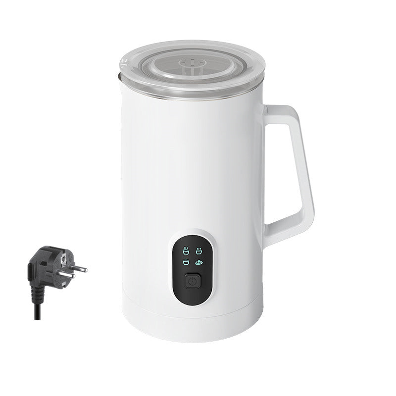 White automatic milk frother with cappuccino and latte, perfect for home use. Shop Now!