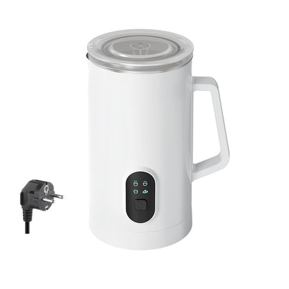 White automatic milk frother with cappuccino and latte, perfect for home use. Shop Now!