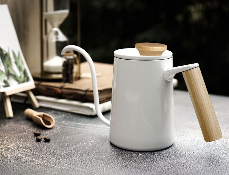 White gooseneck pour-over kettle for manual coffee brewing, home barista essential.