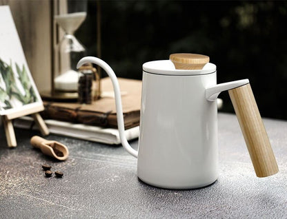 White gooseneck pour-over kettle for manual coffee brewing, home barista essential.