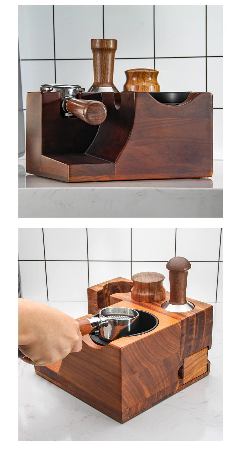 Wooden kitchen organizer with various items on a tiled wall background Shop Now