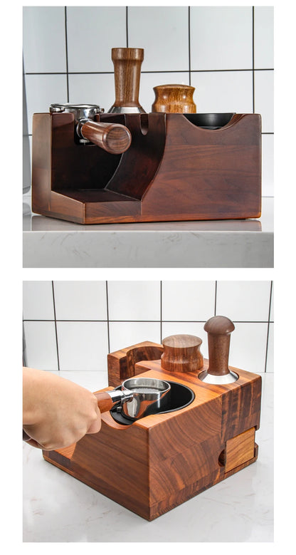 Wooden kitchen organizer with various items on a tiled wall background Shop Now
