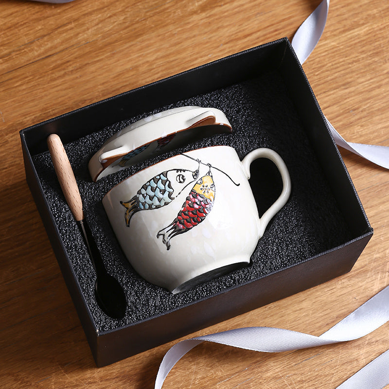 Ceramic Cup Gift Set with Lid, Large Capacity and Spoon Set in Gift Box