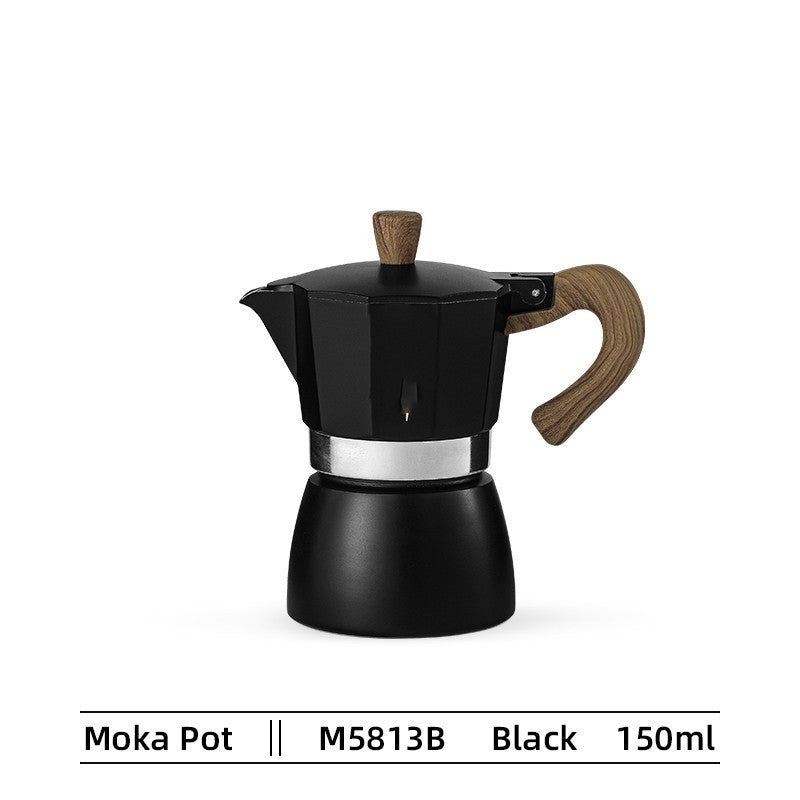 Black moka pot with wooden handle on a white background