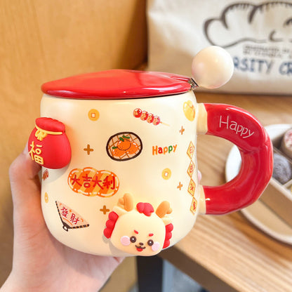 Good-looking Ceramic With Cover Spoon Hand Gift Couple Coffee Cup