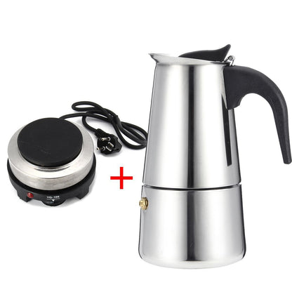 Stainless Steel Moka Pot Coffee Maker with Compact Electric Stove for Perfect Brews