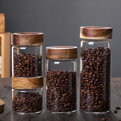 Acacia Wood Storage Tank with Glass Lid and Threaded Seal for Kitchen Organization