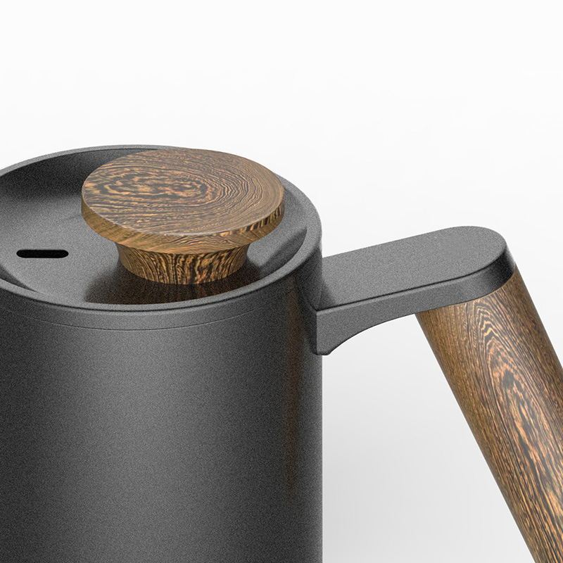 Detail of wooden lid and handle on a black gooseneck coffee kettle.