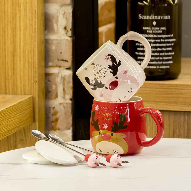 Cartoon Milk Cup With Lid Spoon Ceramic