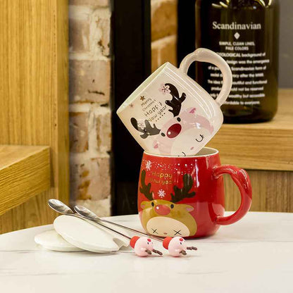 Cartoon Milk Cup With Lid Spoon Ceramic