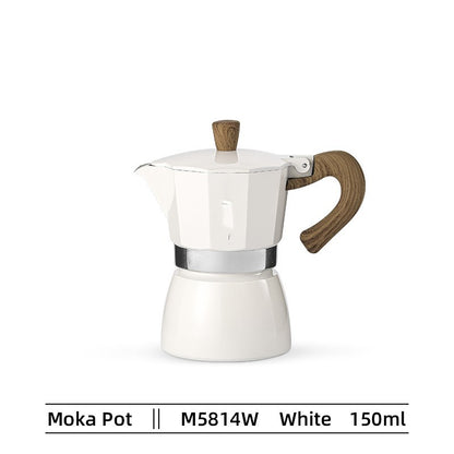 White moka pot with wooden handle and spout on a white background