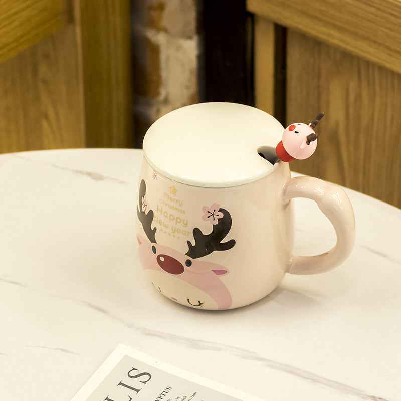 Cartoon Milk Cup With Lid Spoon Ceramic