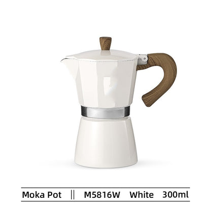 White moka pot with wooden handle on a white background
