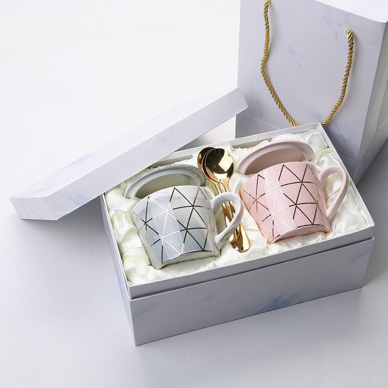 European Marbled Gold Rim Mug Set - Elegant Gift Box Coffee Cups for Special Occasions