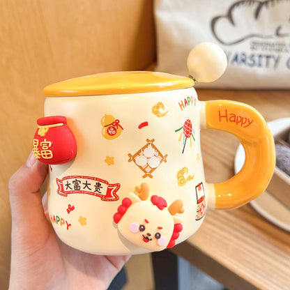 Good-looking Ceramic With Cover Spoon Hand Gift Couple Coffee Cup