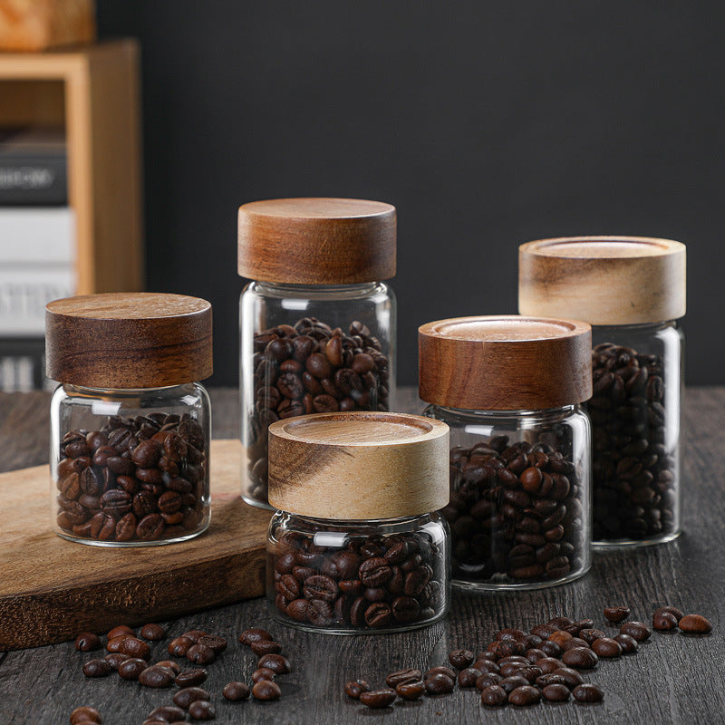 Acacia Wood Storage Tank with Glass Lid and Threaded Seal for Kitchen Organization