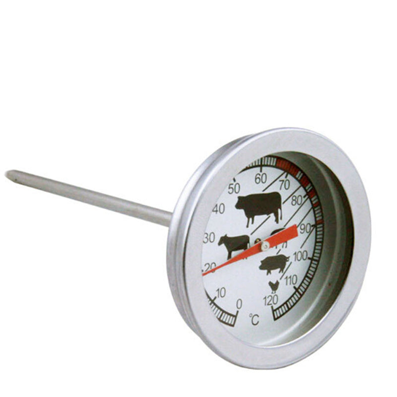 Milk frothing thermometer clipped to a pitcher, ready for steaming.