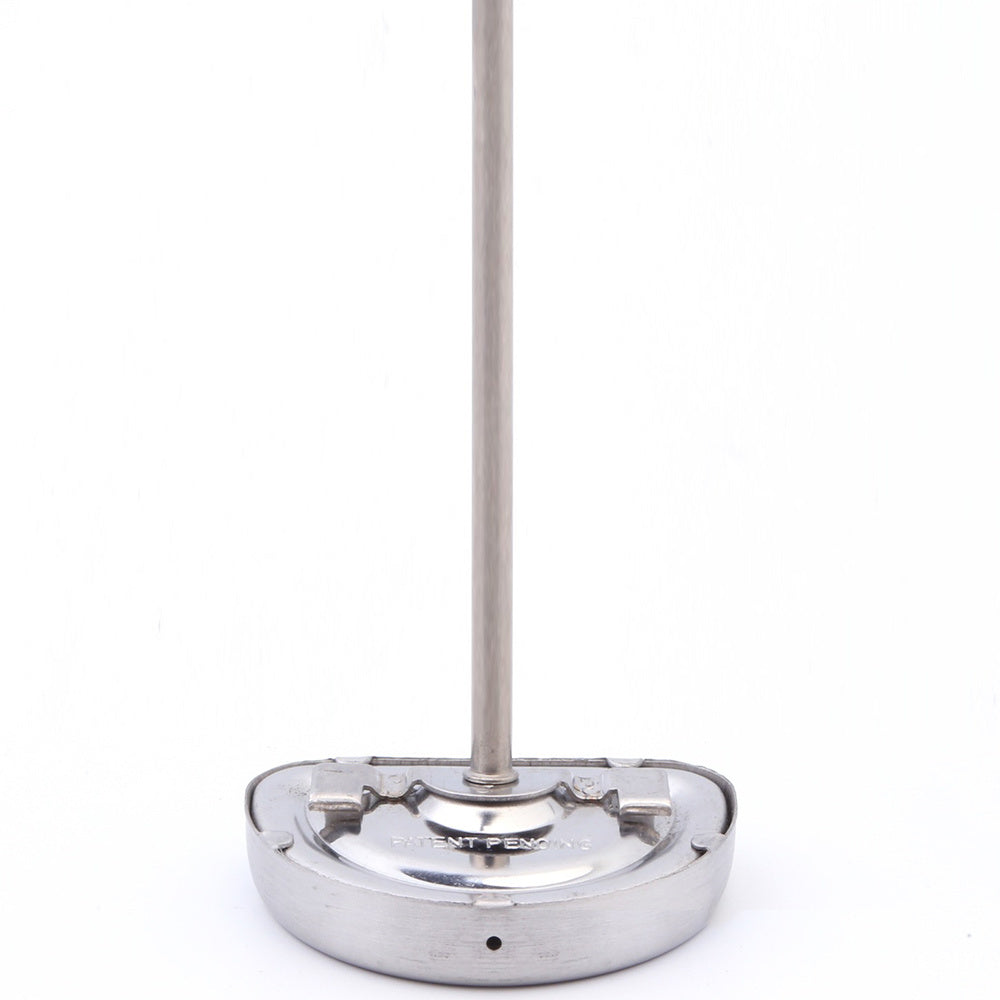 Stainless steel coffee thermometer with a stem and clip, ready for frothing milk. A patent-pending coffee accessory for home baristas.